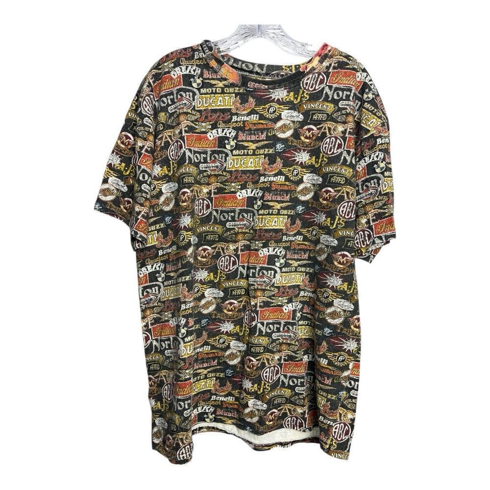 VTG Jester Clothing Co T-Shirt XL Multicolor Motorcycle Logos All Over Print